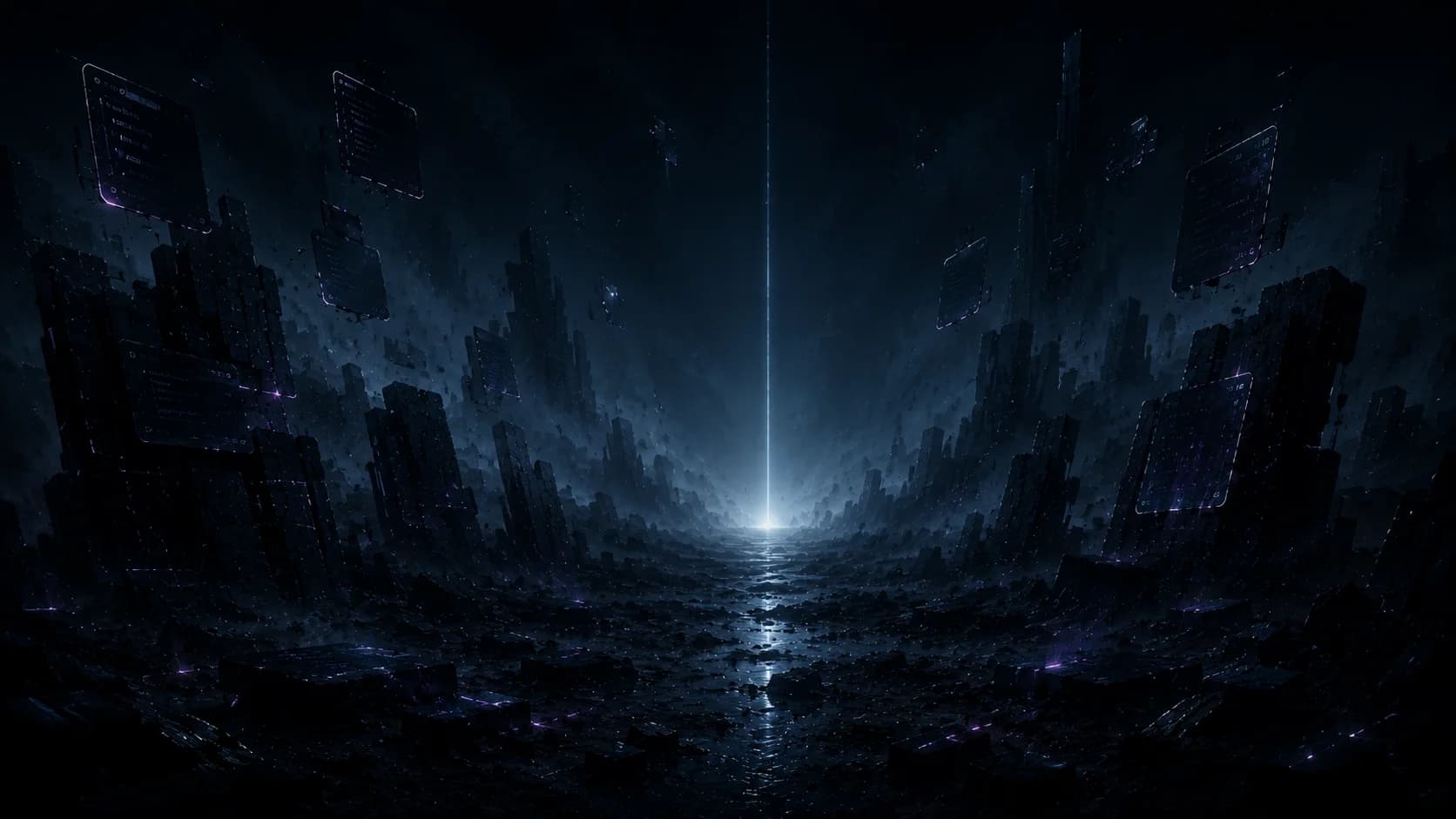 A vast foggy ravine of digital ruins with floating abandoned software panels and a distant light beam on the horizon